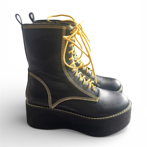 Nasty Gal Shoes - Nasty Gal Black Platform Lace-Up Boots with Yellow Stitching and Laces